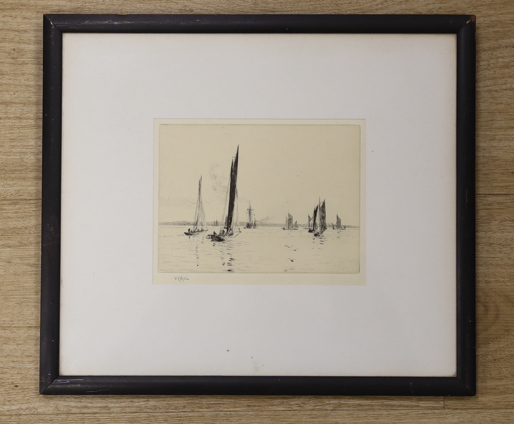 William Lionel Wyllie (1851-1931), etching, Sailing boats off the coast, signed in pencil, 14 x 17.5cm
